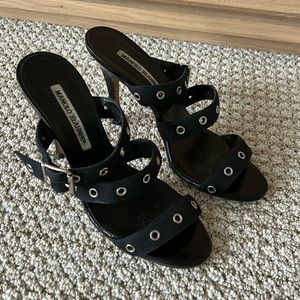 Manolo Blahnik Canvas and Patent Leather Strappy Heels - 37.5